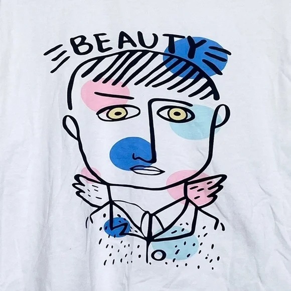 White Graphic T-Shirt with Abstract Face Design - Picture 3 of 4